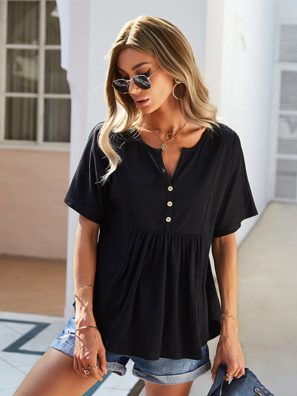 Modern casual V-neck solid color babydoll short-sleeved T-shirt Black