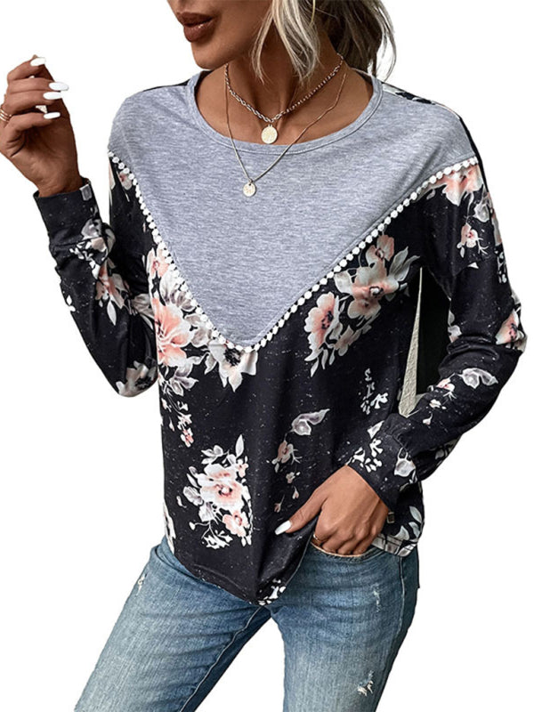 Modern women's long-sleeved color block sweater thin sweater T-shirt