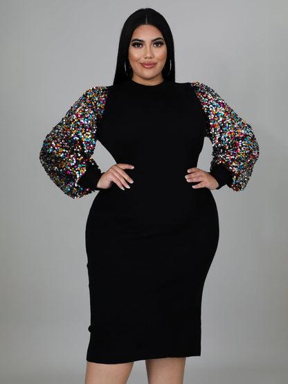 Modern Plus Size Ladies Sexy Solid Color Sequin Puff Sleeve Dress Black XL