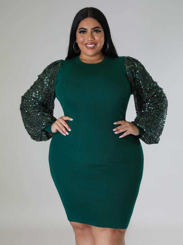 Modern Plus Size Ladies Sexy Solid Color Sequin Puff Sleeve Dress Green XL