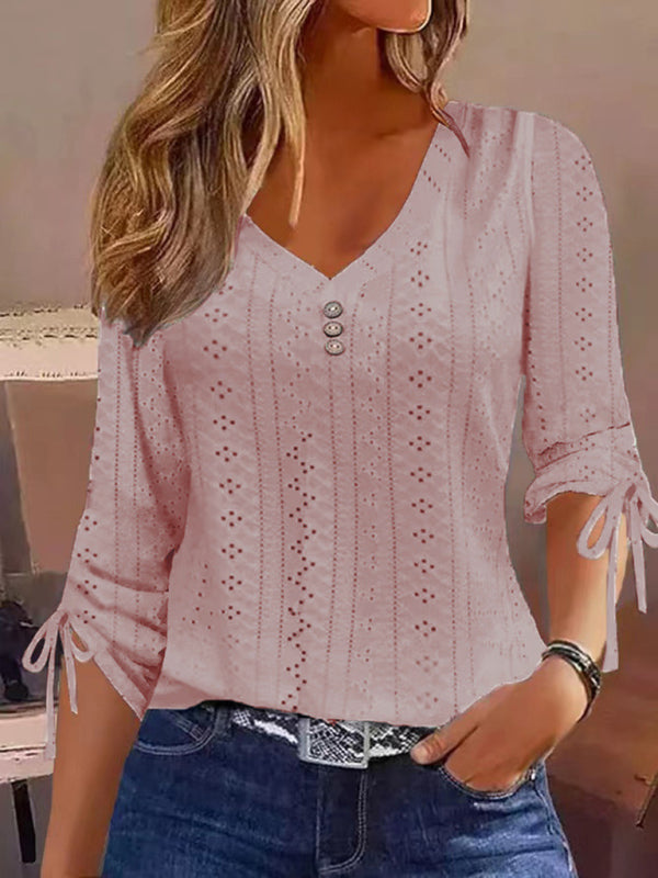 Modern Women's Modern Solid Color Jacquard Button Long Sleeve T-Shirt Top Pink