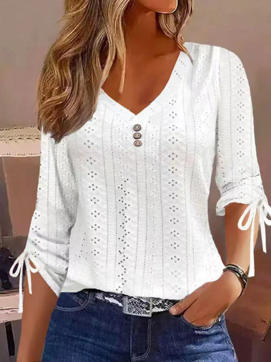 Modern Women's Modern Solid Color Jacquard Button Long Sleeve T-Shirt Top White