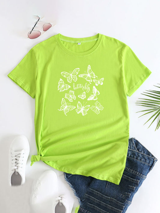 Butterfly Print Round Neck T-Shirt Cotton Short Sleeve Women's Top Chartreuse