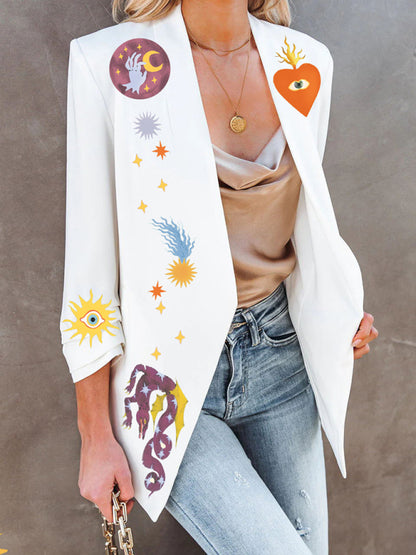 Women's Printed Slim Blazer - Long Sleeve - Cotton Blend - Four Season White