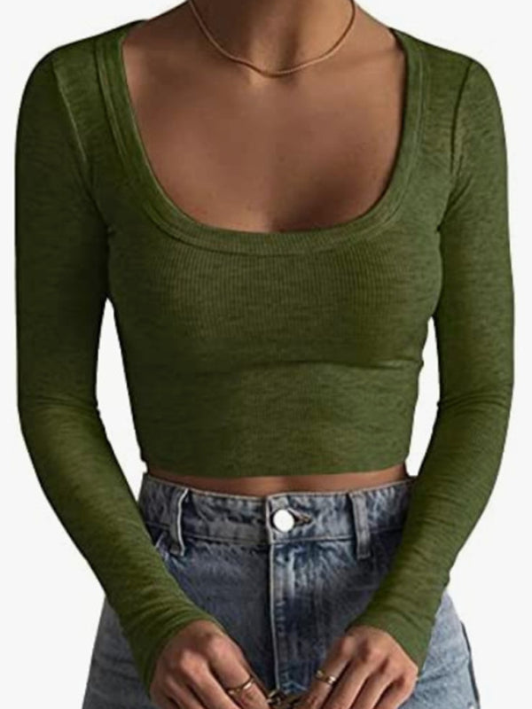 New women's large round neck long-sleeved ultra-short slim fit navel-baring bottoming T-shirt top Olive green