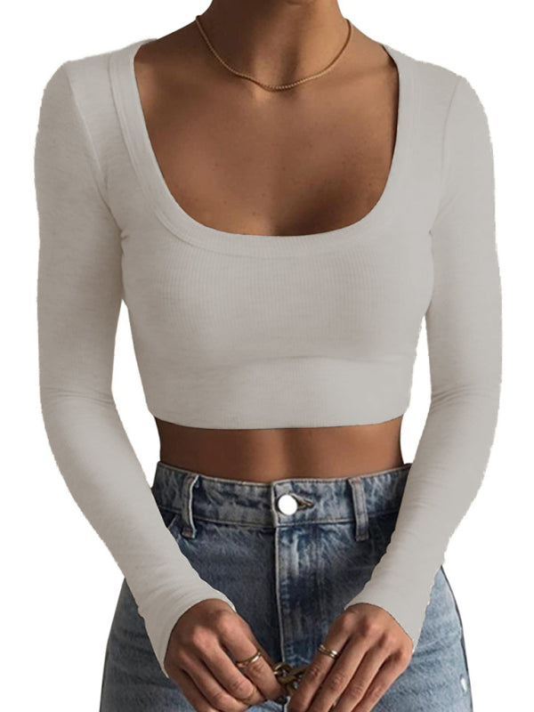 New women's large round neck long-sleeved ultra-short slim fit navel-baring bottoming T-shirt top Cracker khaki
