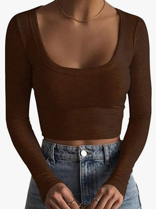 New women's large round neck long-sleeved ultra-short slim fit navel-baring bottoming T-shirt top Brown