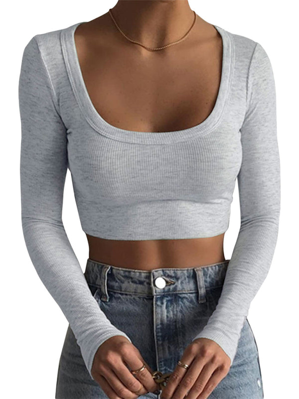 New women's large round neck long-sleeved ultra-short slim fit navel-baring bottoming T-shirt top Misty grey