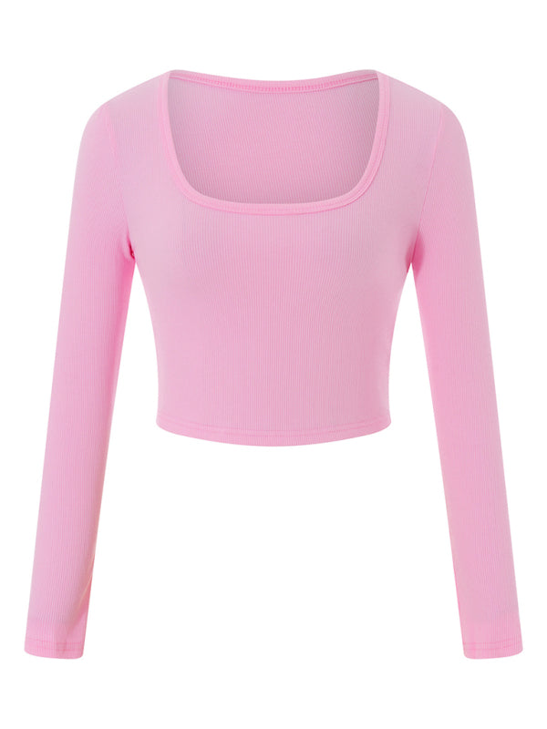 New women's large round neck long-sleeved ultra-short slim fit navel-baring bottoming T-shirt top Pink