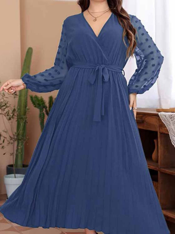 Modern large size elastic waist jacquard patchwork dress Blue