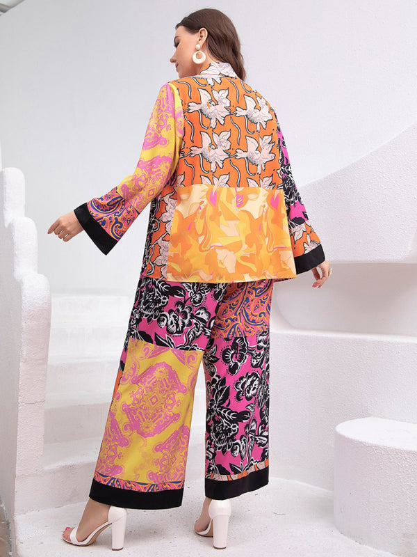Modern plus size women's loose retro floral shirt suit