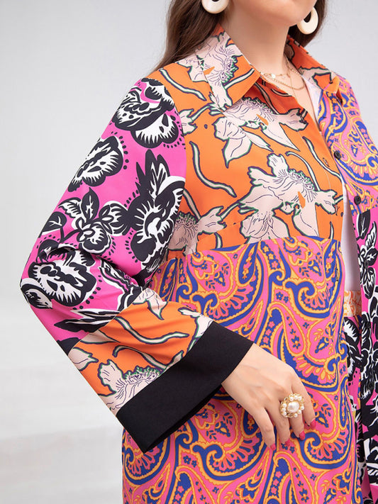 Modern plus size women's loose retro floral shirt suit