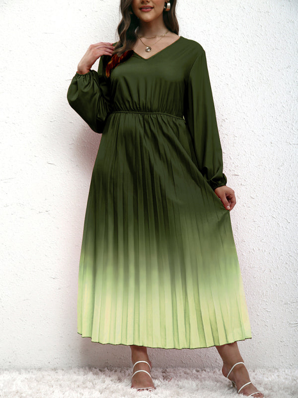 Modern plus size women's temperament gradient pleated dress Green black jasper