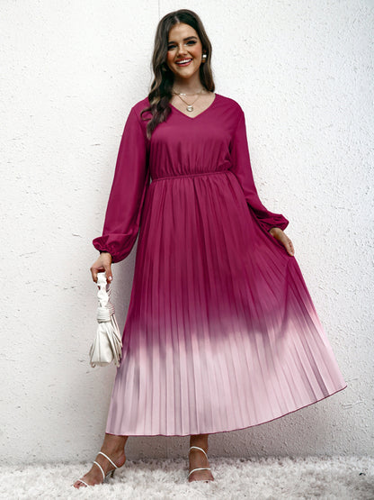 Modern plus size women's temperament gradient pleated dress Purplish red