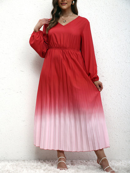 Modern plus size women's temperament gradient pleated dress Watermelon Red