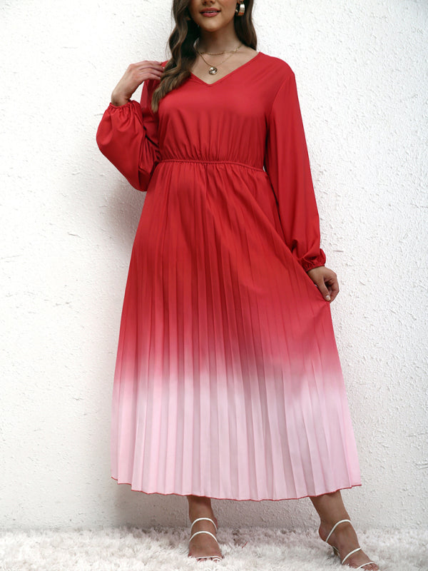 Modern plus size women's temperament gradient pleated dress Watermelon Red