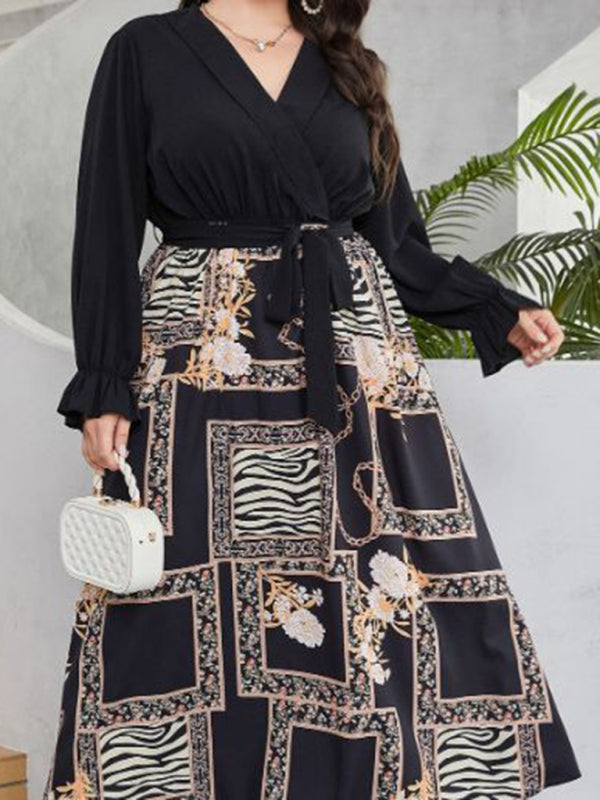 Modern style plus size women's temperament age reduction simple tie print dress