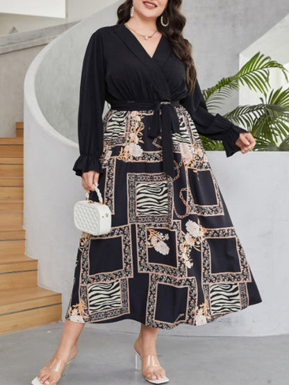 Modern style plus size women's temperament age reduction simple tie print dress