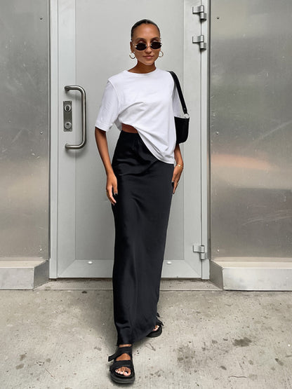 Elegant High Waisted Satin Long Skirt Women Spring Summer Black