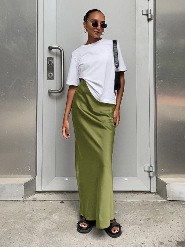 Elegant High Waisted Satin Long Skirt Women Spring Summer Green