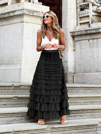 Layered Mesh Swing Skirt for Women - Multi-Tier Flowy A-Line Skirt Black