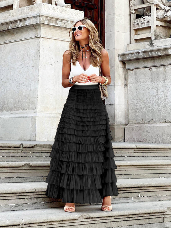 Layered Mesh Swing Skirt for Women - Multi-Tier Flowy A-Line Skirt Black