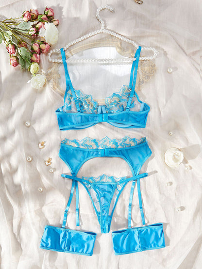 Modern sexy and interesting lace embroidery flower see-through underwear and garter set
