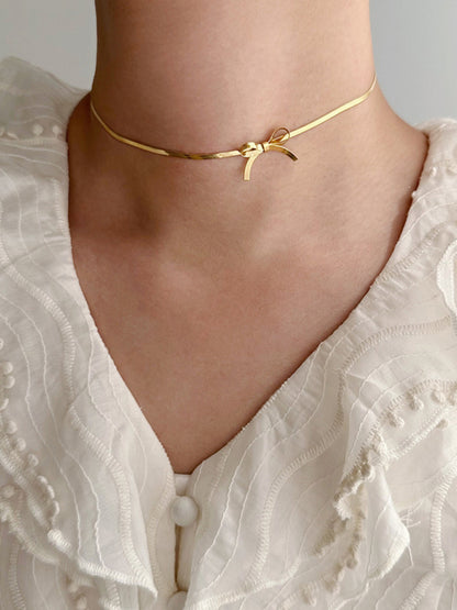 Niche basic snake bone chain bow fresh and sweet necklace earrings Golden yellow FREESIZE