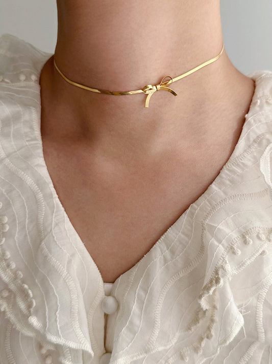 Niche basic snake bone chain bow fresh and sweet necklace earrings Golden yellow FREESIZE