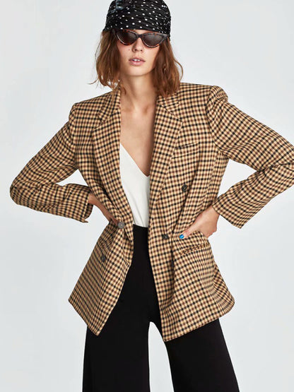 Women's Plaid Blazer Jacket - Cotton Blend - Multiple Colors Coffee