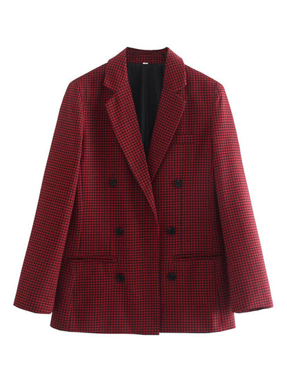 Women's Plaid Blazer Jacket - Cotton Blend - Multiple Colors Dark red