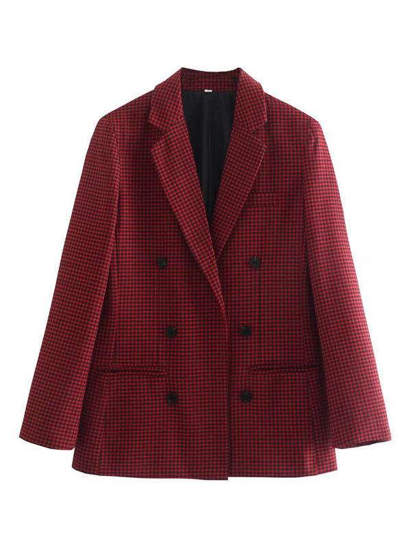 Women's Plaid Blazer Jacket - Cotton Blend - Multiple Colors Dark red