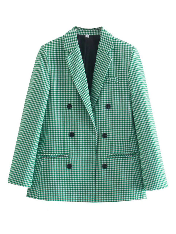 Women's Plaid Blazer Jacket - Cotton Blend - Multiple Colors Green