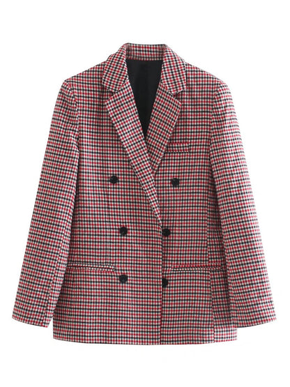 Women's Plaid Blazer Jacket - Cotton Blend - Multiple Colors Red