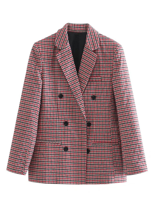 Women's Plaid Blazer Jacket - Cotton Blend - Multiple Colors Red