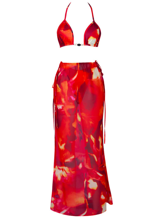 Women's new printed sexy bikini strappy skirt casual suit Red