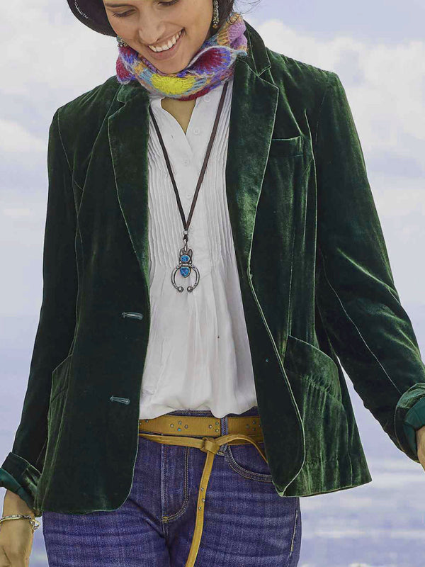 Women's Velvet Blazer Top - Casual Suit - Multiple Colors Green black jasper