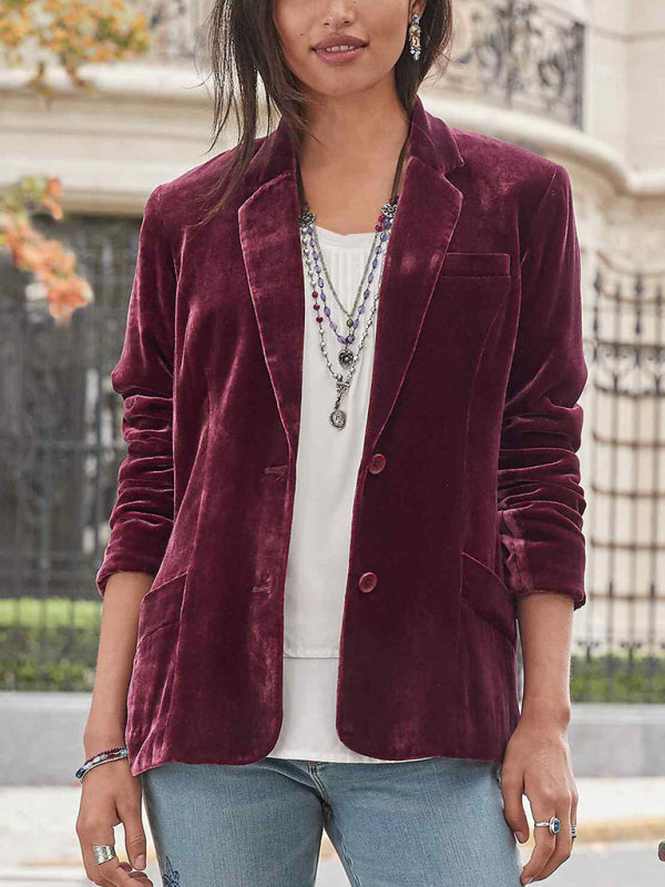 Women's Velvet Blazer Top - Casual Suit - Multiple Colors Wine Red