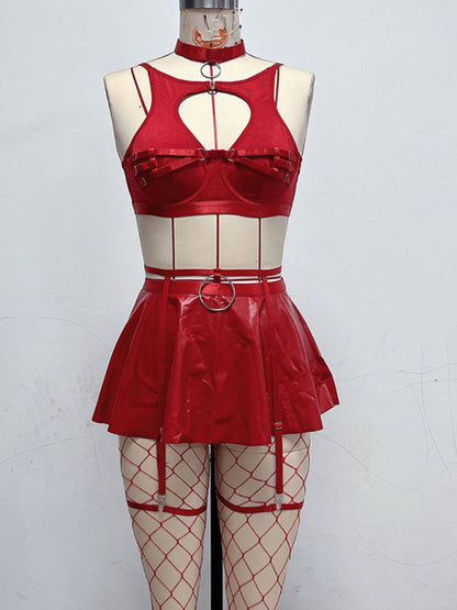 Modern cute mesh sexy bra cosplay leather uniform sexy bra set (including fishnet stockings) Red