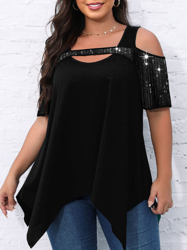 Short-sleeved women's sequined hollow Irregular wide hem T-shirt Black