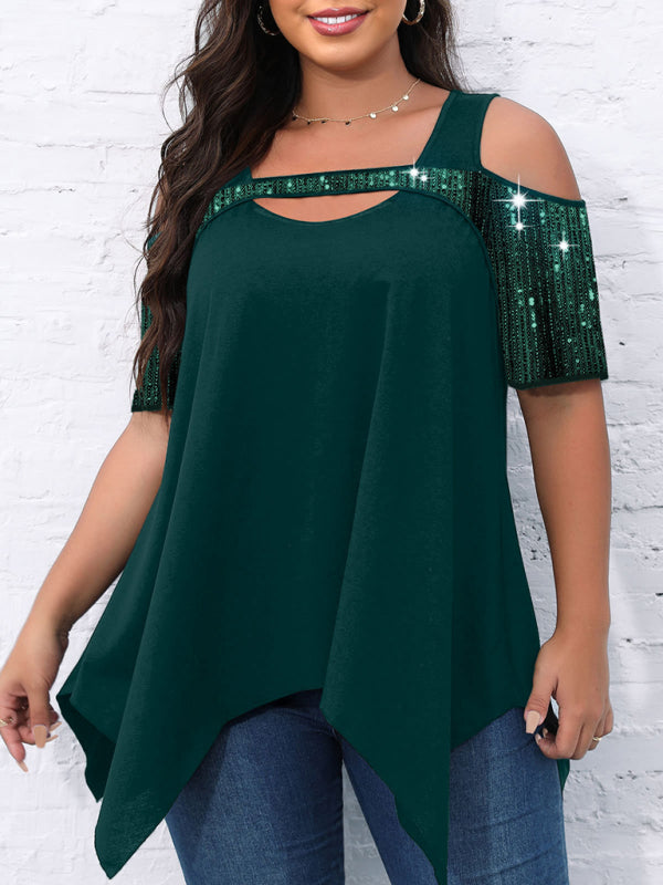 Short-sleeved women's sequined hollow Irregular wide hem T-shirt Green