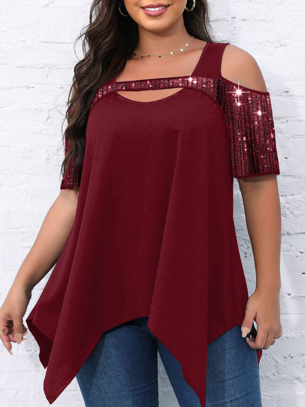 Short-sleeved women's sequined hollow Irregular wide hem T-shirt Red