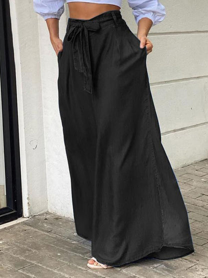 High Waisted Denim Maxi Skirt - Strappy Plus Size Long Skirt for Women Black