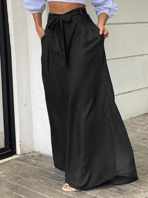 High Waisted Denim Maxi Skirt - Strappy Plus Size Long Skirt for Women Black
