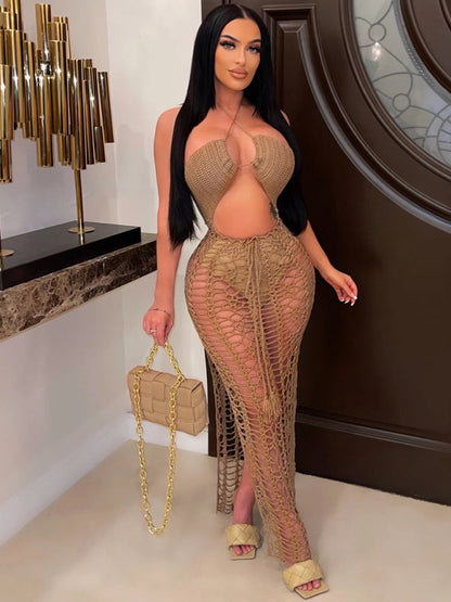 Women's long fringed stretch side slit suspender beach skirt Khaki