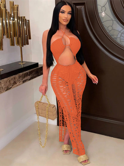 Women's long fringed stretch side slit suspender beach skirt Orange