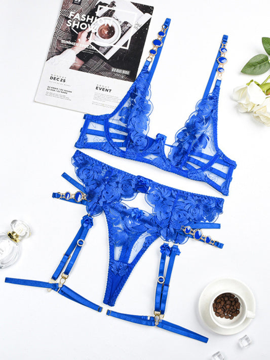 Modern embroidered bra retro decorative sexy push-up underwear set Blue L