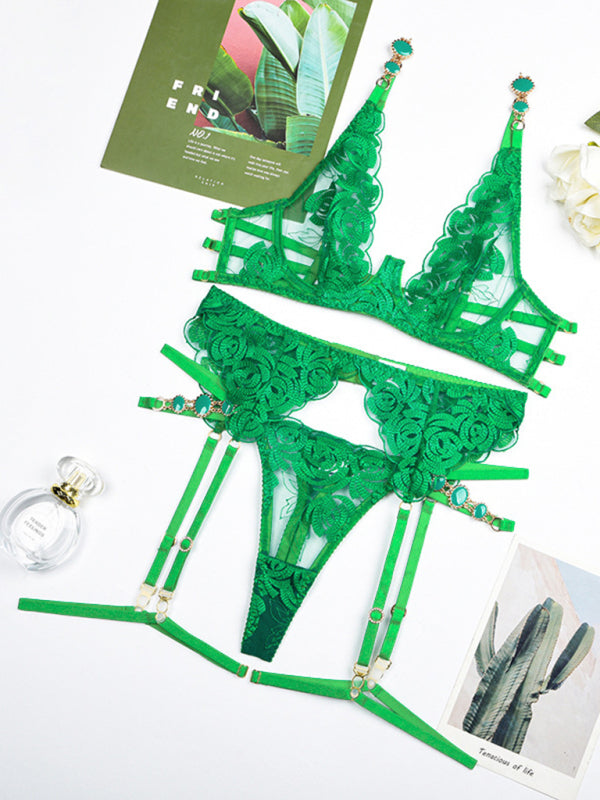 Modern embroidered bra retro decorative sexy push-up underwear set Green