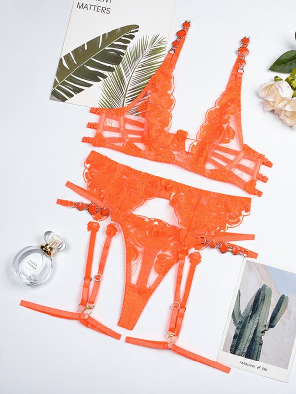 Modern embroidered bra retro decorative sexy push-up underwear set Orange
