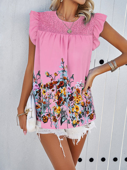 Temperamental casual printed round neck ruffle top Pink